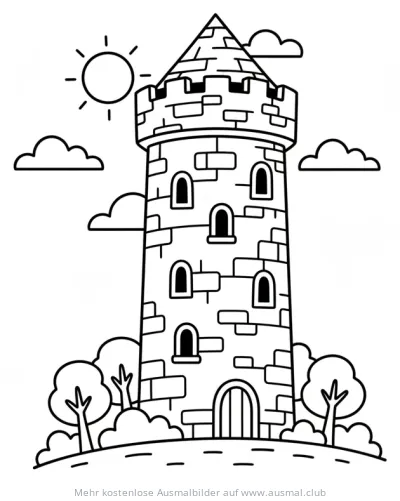 Mittelalterlicher Turm mit Wolken und Sonne Ausmalbild