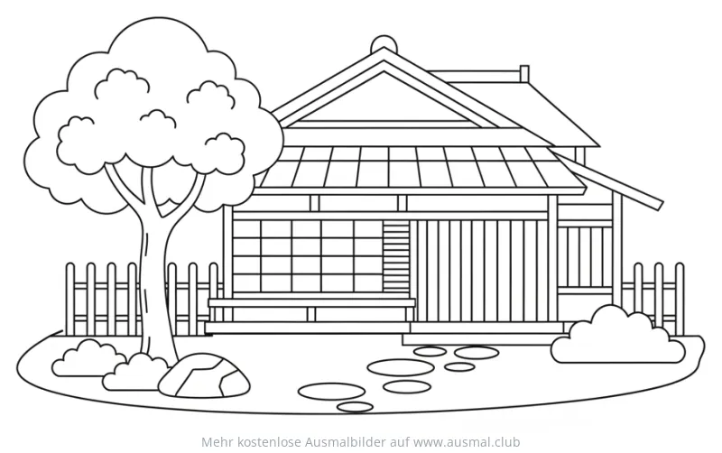 Japanisches Haus Ausmalbild mit Baum und Garten