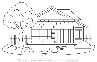 Japanisches Haus Ausmalbild mit Baum und Garten