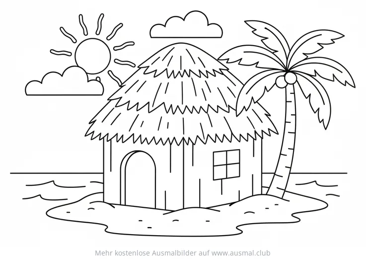 Strandhütte mit Palme auf Insel Ausmalbild