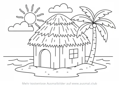Strandhütte mit Palme auf Insel Ausmalbild