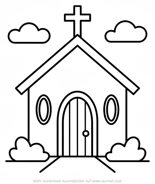 Kapelle Ausmalbild mit Kreuz, Tür, Fenstern und Wolken