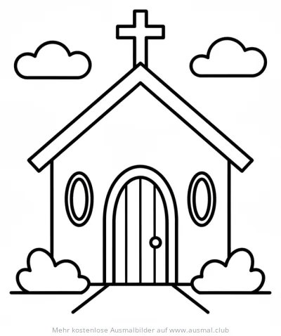 Kapelle Ausmalbild mit Kreuz, Tür, Fenstern und Wolken