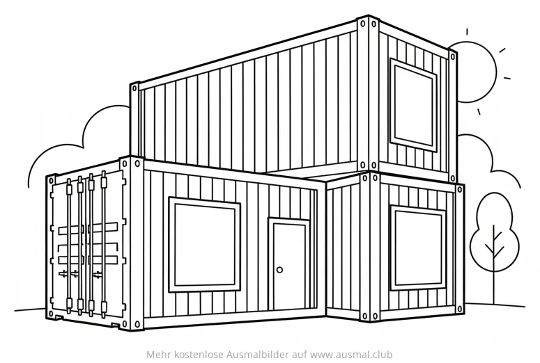 Containerhaus Ausmalbild mit Baum, Wolken und Sonne
