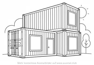 Containerhaus Ausmalbild mit Baum, Wolken und Sonne