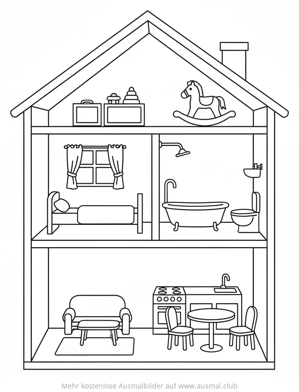 Puppenhaus mit Möbeln Ausmalbild