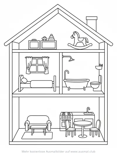 Puppenhaus mit Möbeln Ausmalbild