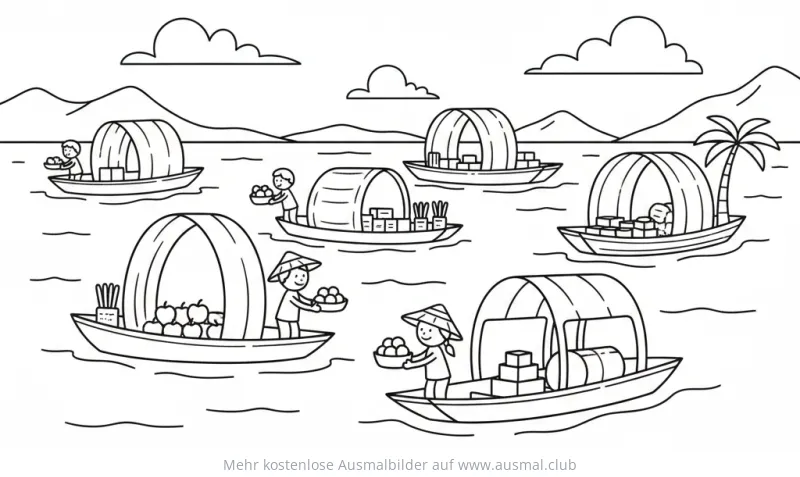 Schwimmender Markt mit Booten und Händlern Ausmalbild