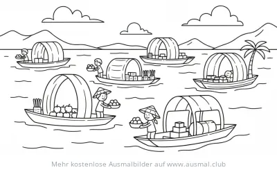 Schwimmender Markt mit Booten und Händlern Ausmalbild