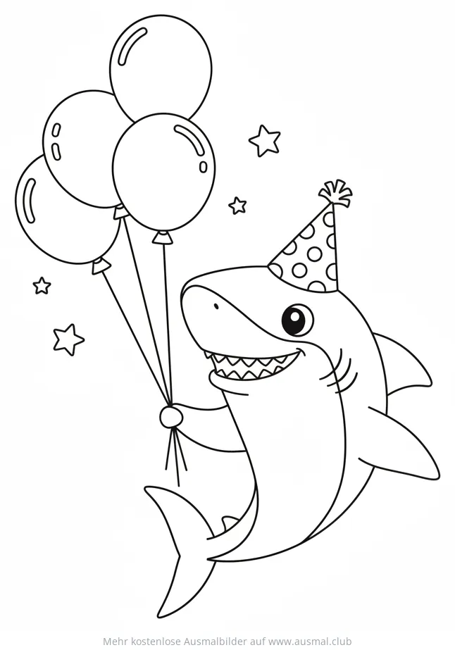 Hai mit Partyhut und Luftballons Ausmalbild