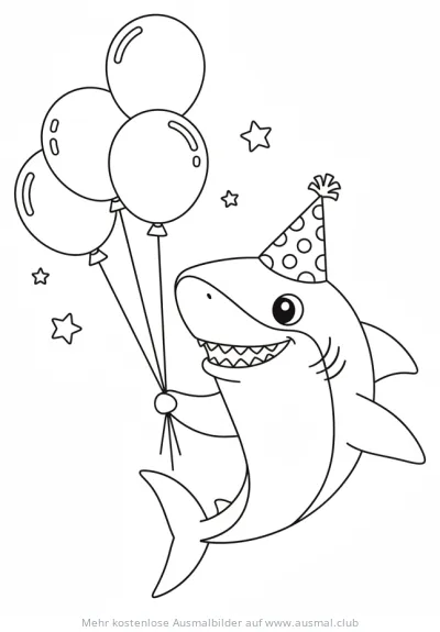 Hai mit Partyhut und Luftballons Ausmalbild