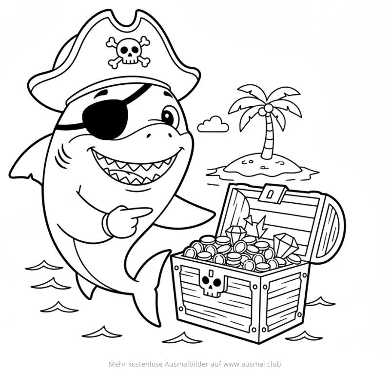 Hai Pirat mit Schatzkiste Ausmalbild