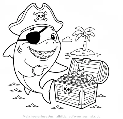 Hai Pirat mit Schatzkiste Ausmalbild