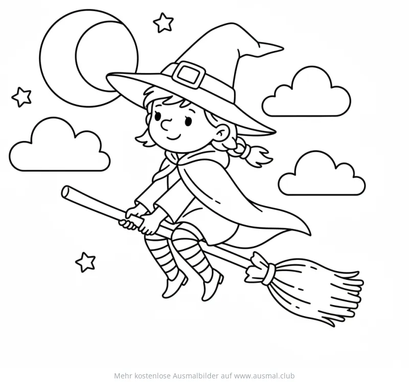 Hexe fliegt auf Besen Ausmalbild