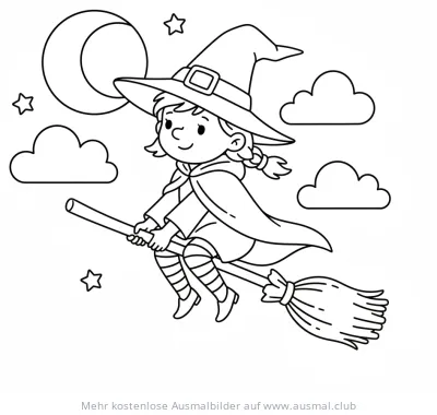 Hexe fliegt auf Besen Ausmalbild