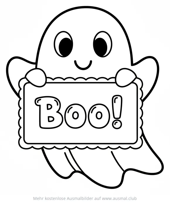 Freundlicher Geist mit "Boo!" Schild Ausmalbild