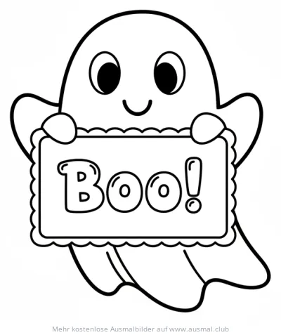 Freundlicher Geist mit "Boo!" Schild Ausmalbild