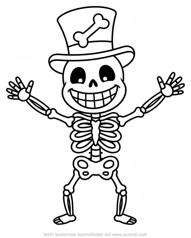 Freundliches Skelett mit Zylinder Ausmalbild