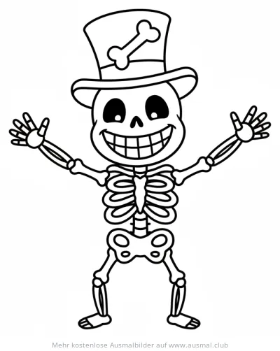 Freundliches Skelett mit Zylinder Ausmalbild