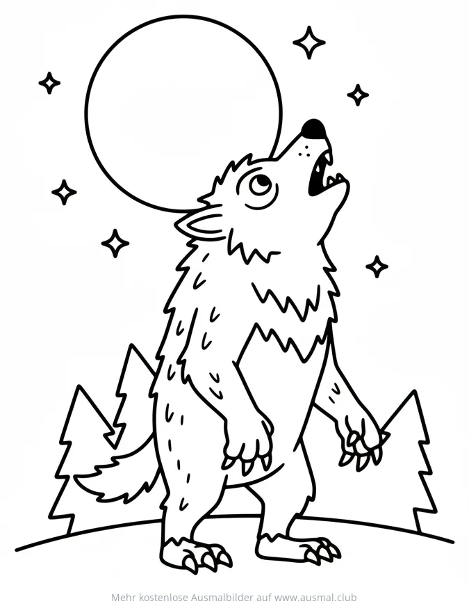 Heulender Werwolf vor Vollmond Ausmalbild