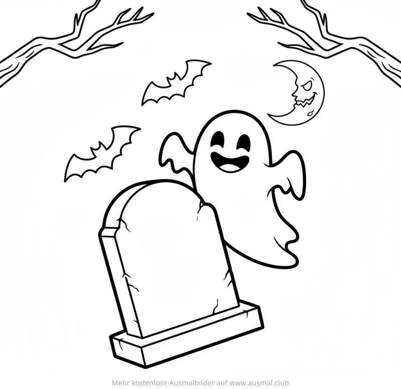 Freundliches Gespenst über Grabstein Ausmalbild