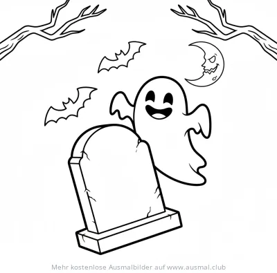 Freundliches Gespenst über Grabstein Ausmalbild