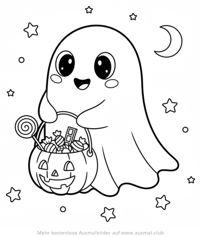 Geist mit Kürbis voller Süßigkeiten Ausmalbild