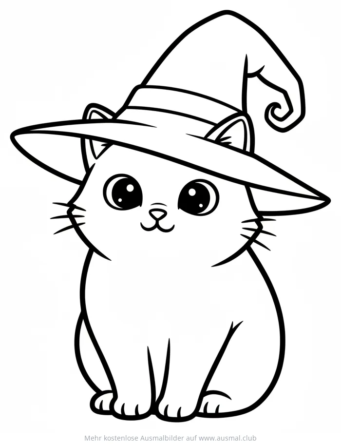 Katze mit Hexenhut Ausmalbild für Halloween