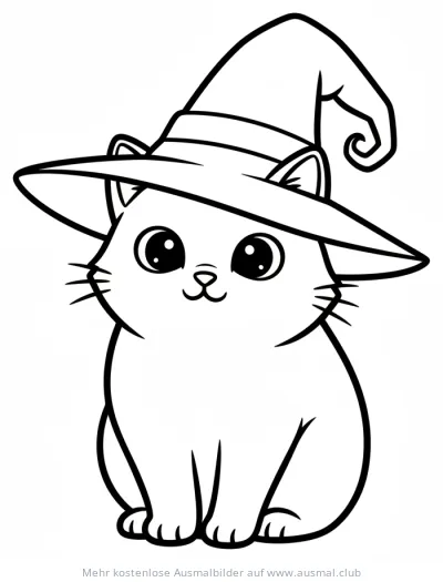 Katze mit Hexenhut Ausmalbild für Halloween