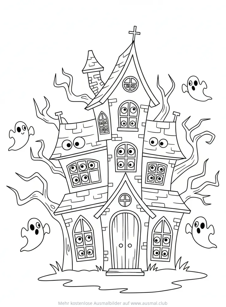 Gruseliges Augenhaus mit Geistern Halloween Ausmalbild