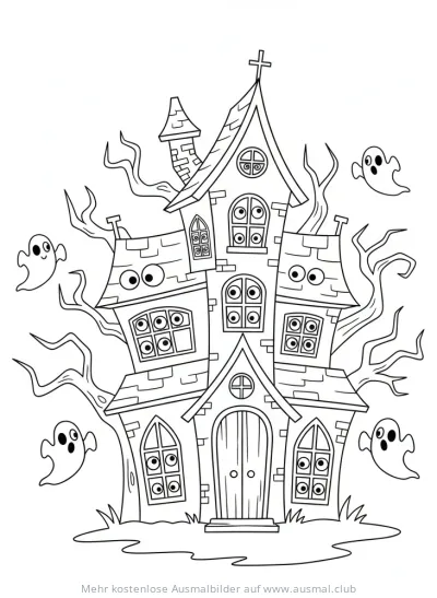 Gruseliges Augenhaus mit Geistern Halloween Ausmalbild