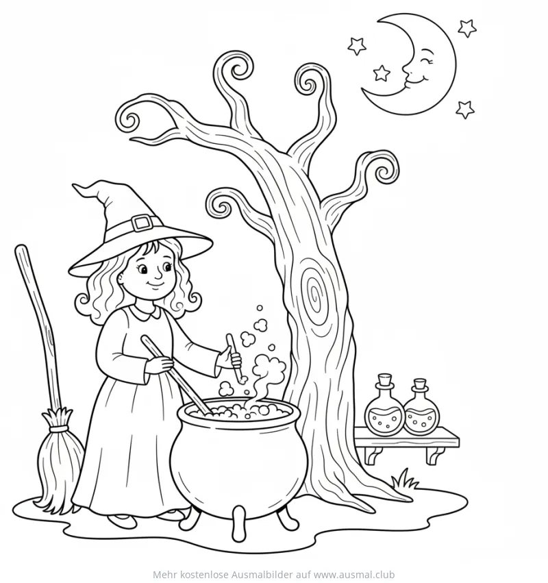 Hexe braut Trank im Kessel Ausmalbild