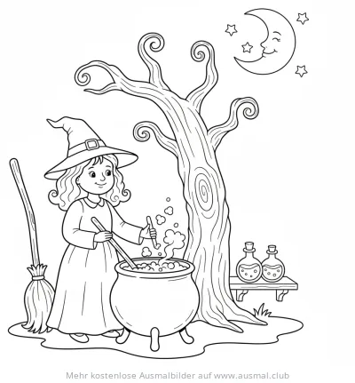 Hexe braut Trank im Kessel Ausmalbild