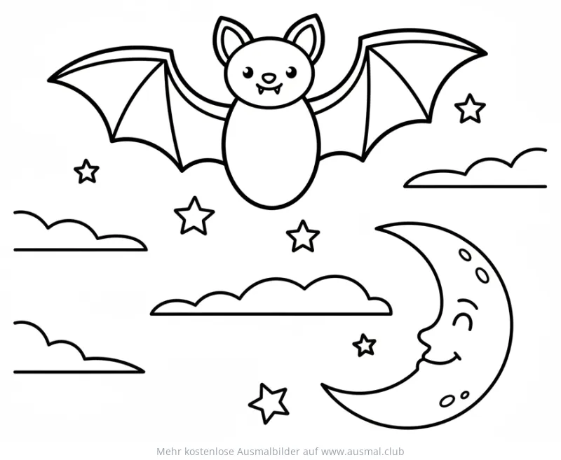 Fledermaus, Mond und Sterne Ausmalbild für Halloween