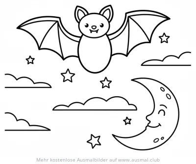 Fledermaus, Mond und Sterne Ausmalbild für Halloween