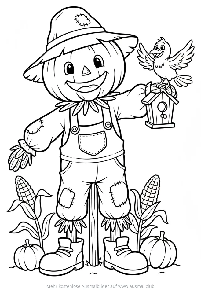 Vogelscheuche mit Vogel und Kürbissen Ausmalbild