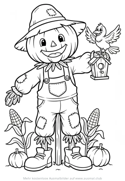 Vogelscheuche mit Vogel und Kürbissen Ausmalbild