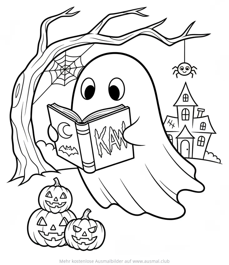Geist liest Buch vor Halloween-Hintergrund Ausmalbild
