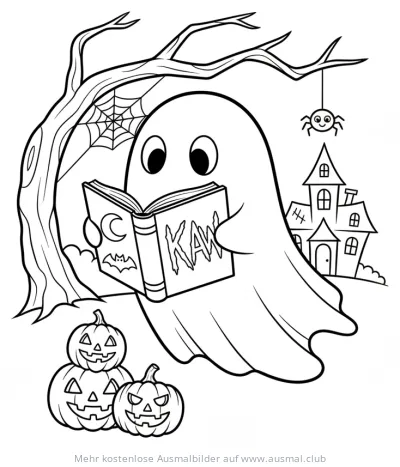 Geist liest Buch vor Halloween-Hintergrund Ausmalbild