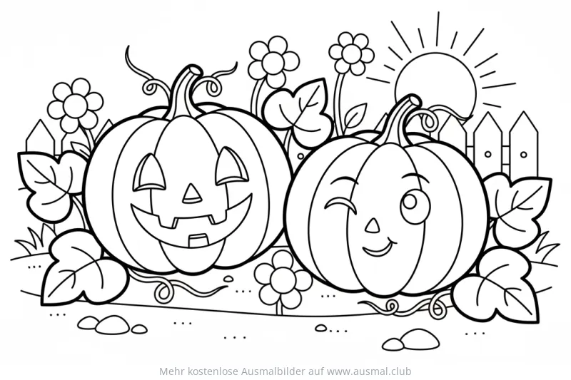 Zwei lachende Kürbisse im Garten Ausmalbild