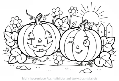 Zwei lachende Kürbisse im Garten Ausmalbild