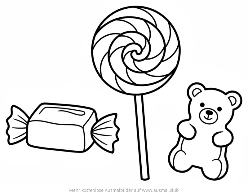 Süßigkeiten Mix Ausmalbild mit Bonbon, Lolli und Gummibärchen
