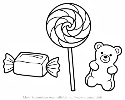 Süßigkeiten Mix Ausmalbild mit Bonbon, Lolli und Gummibärchen