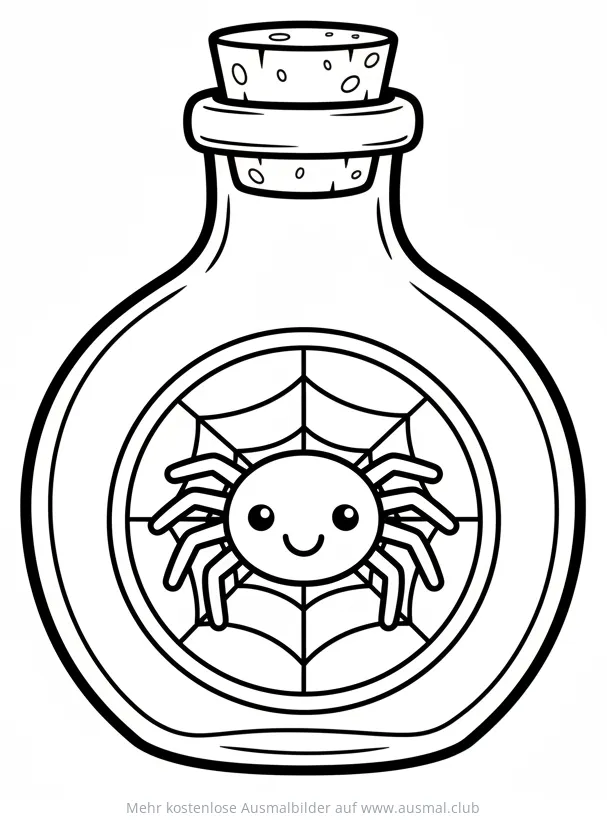 Spinnentrank in Flasche mit Spinne und Spinnennetz Ausmalbild
