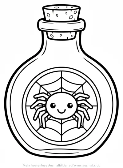 Spinnentrank in Flasche mit Spinne und Spinnennetz Ausmalbild
