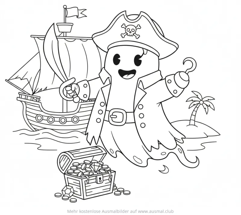 Piratengeist mit Piratenschiff und Schatzinsel Ausmalbild