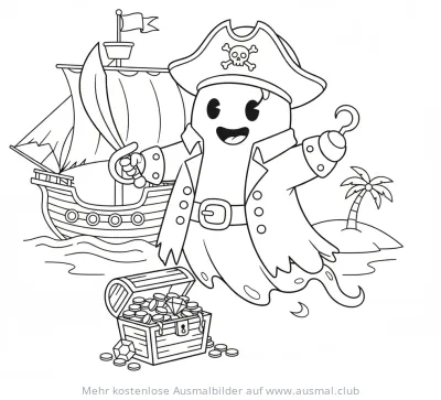 Piratengeist mit Piratenschiff und Schatzinsel Ausmalbild