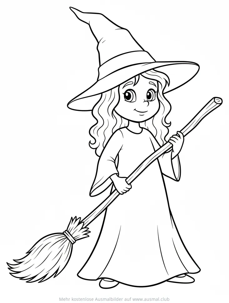 Freundliche Hexe mit Besen Ausmalbild für Kinder