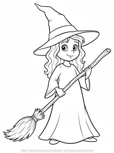 Freundliche Hexe mit Besen Ausmalbild für Kinder