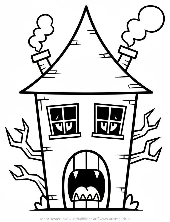 Cartoon Spukhaus Ausmalbild mit grinsendem Mund und finsteren Augen